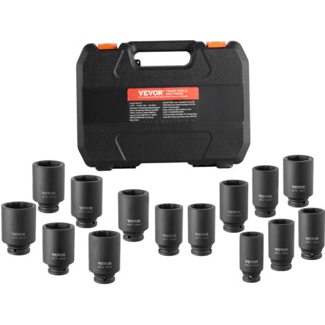 VEVOR Axle Nut Impact Socket Set, 1/2" Drive Deep 6+12-Point 14-Piece Metric Spindle Nut Socket Set, CR-V Heat Treated Large Socket Set with Storage Case, Auto Repair, Removing or Installing Axle Nuts (1/5)