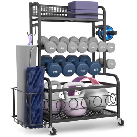 VEVOR Yoga Mat Storage Rack, Home Gym Workout Equipment Organizer, Powder Coated Finish Steel Yoga Mat Holder with Hooks & Wheels, Weight Rack for Dumbbell, Kettlebell, Foam Roller, and Yoga Strap