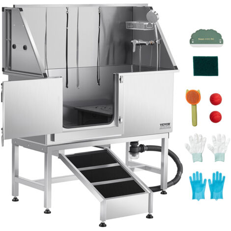 VEVOR Stainless Steel Dog Washing Station, 127 cm Pet Grooming Tub w/ Ramp, PE Water Filter Board, Faucet & Showerhead & Soap Holder Dog Bathtub for Large & Medium & Small Pets (Left Door)