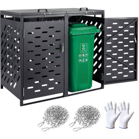 VEVOR Trash Can Storage, 2 x 52.79 Gal Trash Bin Storage Shed Outdoor, Horizontal Waterproof Storage Cabinet with Chain Lid, Lockable Garbage Can Storage Shed, for Trash Can, Garden, Backyard & Patio