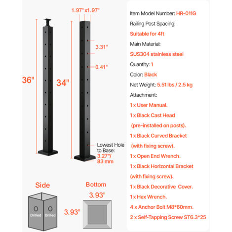 L Shape Post Railing VEVOR Cable Railing Post, 36x2x2 Inch Corner Railing Post, with L ...