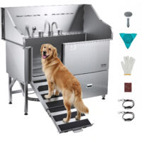 VEVOR Stainless Steel Dog Washing Station, 154.94 cm Pet Grooming Tub w/ Ramp, Water Filter Board, Faucet & Showerhead & Leash Dog Bathtub for Large & Medium & Small Pets (Right Door)