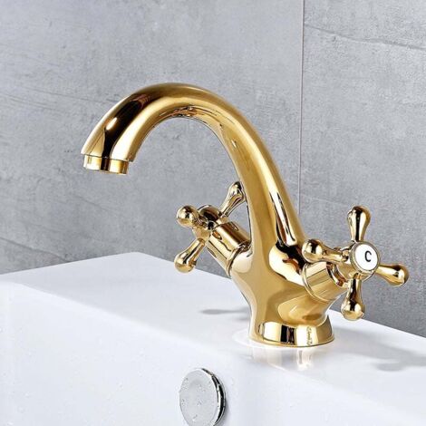 Robinet de salle de bain rétro doré, laiton antique, robinet de lavabo à deux poignées (1/5)