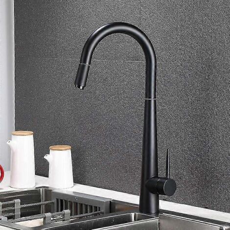 Robinet de cuisine monocommande avec finition or brossé, bec extensible et jet, coloris or rose et noir (1/5)