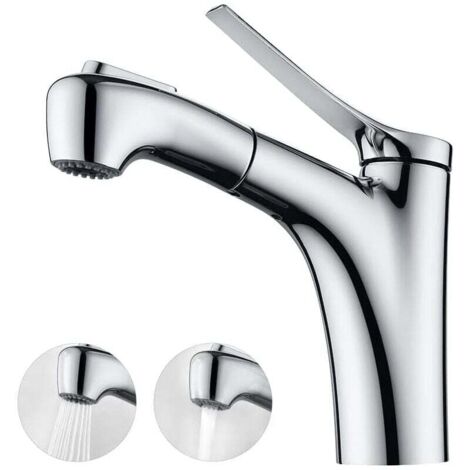 Robinet de salle de bain extensible avec 2 jets d'eau, douchette et mitigeur monocommande - Finition chromée (1/5)