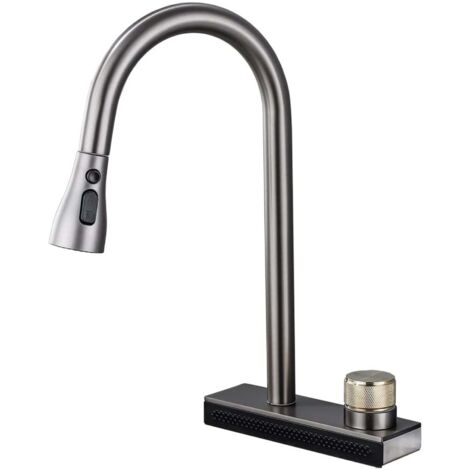 Robinet de cuisine avec bec extensible pivotant à 360°, en acier inoxydable, avec 4 fonctions de jet, levier unique, pour évier, noir (1/5)