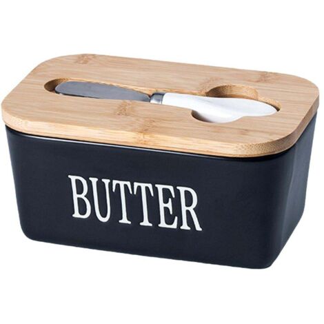Beurre en céramique, modèle de base, couvercle en bois avec couteau, boîte à fromage pour réfrigérateur, noire (1/5)