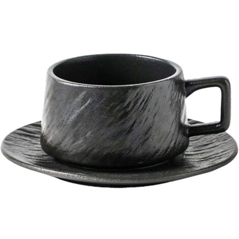 Ensemble tasse et soucoupe en céramique noire, tasse à thé simple, service à boissons pour le petit-déjeuner, usage domestique. (1/5)