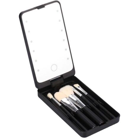 Miroir de maquillage rotatif à LED avec 5 pinceaux cosmétiques, miroir de voyage portable avec lumière, noir (1/5)
