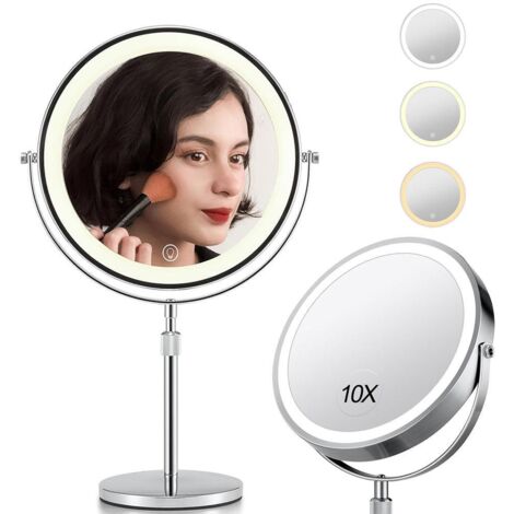 Miroir de maquillage rotatif double face grossissant 1X/10X avec lumière LED réglable argentée (1/5)