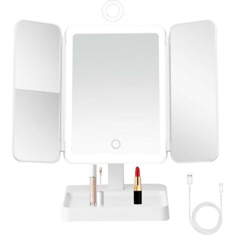 Miroir de maquillage sur pied à trois volets avec écran tactile, grossissement 2x et 3x et éclairage LED