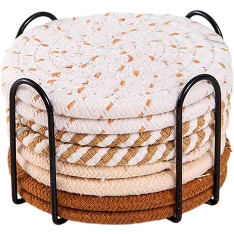 Lot de 8 dessous de verre ronds en coton tissé, résistants à la chaleur et épais, pour table à manger, marron (1/5)