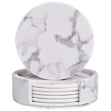 Lot de 6 sous-verres ronds avec support, texture marbre, pour boissons, blanc marbré (1/5)