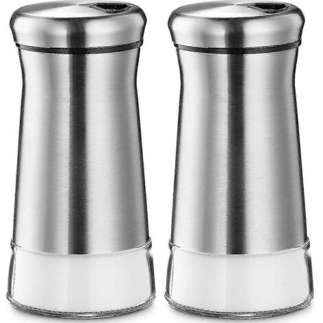 Salière et poivrière - Distributeur d'épices noir et argent avec trous de versement - Acier inoxydable et verre - Lot de 2 flacons (1/5)