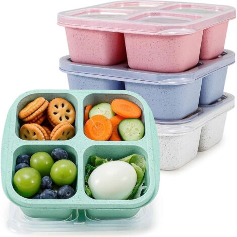 Lot de 4 boîtes à goûter Bento Lunchable pour enfants et adultes, en paille de blé, 4 compartiments, réutilisables, pour les collations et les petits repas (M) (1/4)