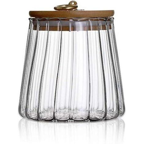 Bocal de conservation en verre transparent de 650 ml (22 oz) avec couvercle hermétique en bois d'acacia. Idéal pour conserver le café en grains et le thé en vrac. (1/5)