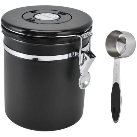 Boîte de conservation hermétique pour café, bocal avec date, valve de décompression CO2, en acier inoxydable noir. (1/5)