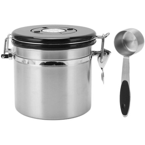 Boîte de conservation hermétique en acier inoxydable pour grains de café, avec cuillère doseuse de 30 ml et indicateur de date, 1,2 L. (1/5)