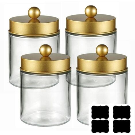 Ensemble de 4 bocaux de rangement en verre transparent pour salle de bain, coiffeuse, coiffeuse et comptoir. (1/5)