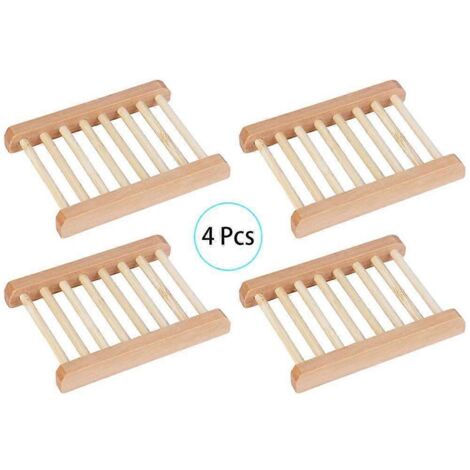 Lot de 4 porte-savons en bois naturel avec système d'égouttage. (1/5)
