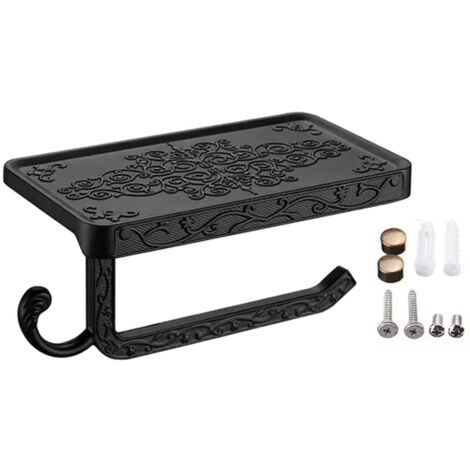 Porte-rouleau de papier toilette noir avec étagère de rangement pour téléphone, en aluminium style vintage, pour salle de bain, noir (1/5)