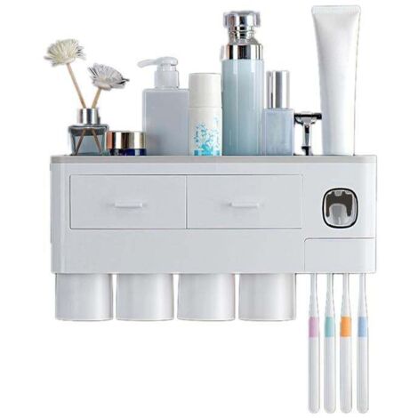 Porte-brosse à dents mural multifonction à fixation magnétique avec tiroir et distributeur de dentifrice à 4 compartiments, gris (38,4 x 11,3 x 20 cm / 15,1 x 4,4 x 7,9 pouces) (1/4)