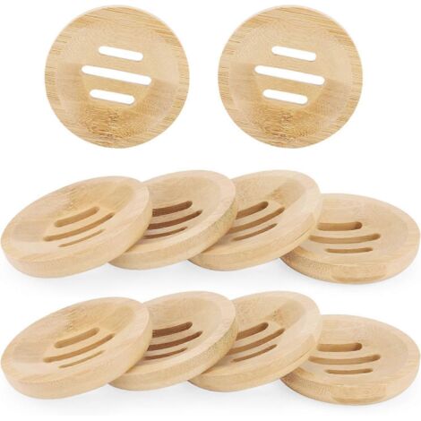 Lot de 10 porte-savons ronds en bambou, 80 mm de diamètre, en bois naturel. Porte-savon en bois pour la cuisine et la salle de bain. (1/5)