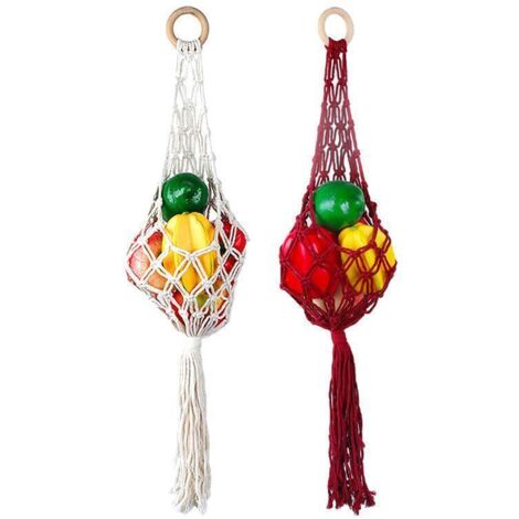 Panier à fruits suspendu en macramé, décoration intérieure, sac filet de rangement pour légumes, style bohème beige (1/5)