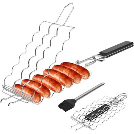 Supports à hot-dogs pour barbecue avec brosse - Panier à hot-dogs pour 6 hot-dogs, en acier inoxydable, avec pince à barbecue. (1/5)