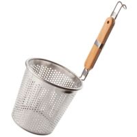 Panier à pâtes en maille d'acier inoxydable avec poignée antidérapante en bois et crochet de suspension léger