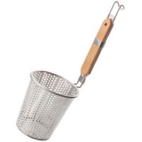 Panier à pâtes en maille d'acier inoxydable avec poignée antidérapante en bois et crochet de suspension léger