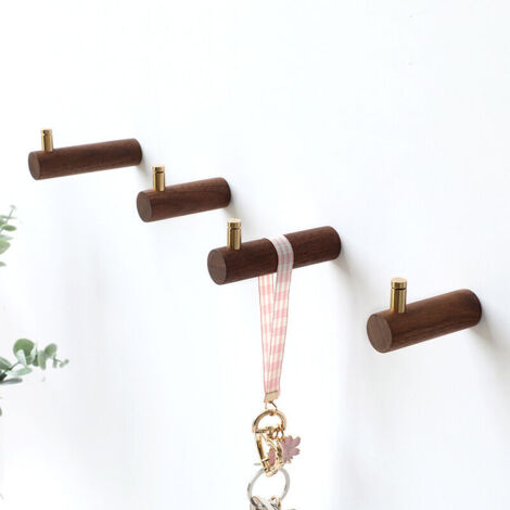 Porte Manteau Mural , Bois Crochet Manteau Rangement Mural Patère Mural Rond Wood Wall Hanging Hooks Metal Lot de 6 (Couleur Noyer Noir) (1/5)