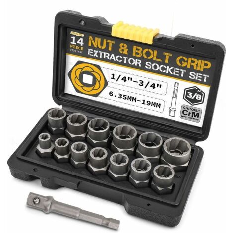Jeu de douilles d'extracteur d'écrou et de poignée de boulon pour retirer les attaches dénudées et collées. Tailles de 6,4 mm à 19 mm / 1/4"à 3/4" 14 pièces (1/5)