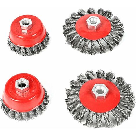 Brosse conique, à disque, à meuler, à godet, pour meuleuse d'angle, en métal, fil tressé en acier, diamètre de 75 et 100 mm, M14   (4 pièces) (1/5)