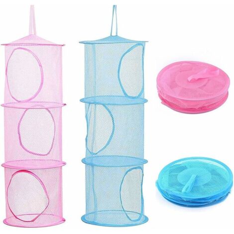 2PCS Rangement en Maille à Suspendre, Pliable Panier en Maille, Sac de Rangement de 3 Niveaux Suspendu en Maille, pour Ranger de Petits Vêtements et Petits Objets (Rose, Bleu) (1/5)