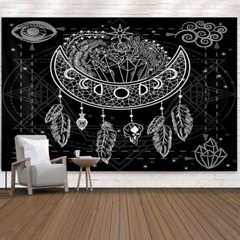 Tapisserie noir et blanc Mandala tapisserie psychédélique lune plume tapisserie maison décoration murale literie couvre-lit 150x130 cm (1/5)