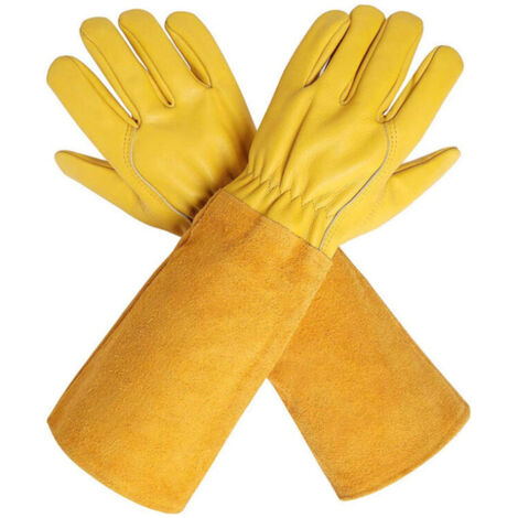 Gants de Jardinage en Cuir Respirant pour Homme et Femme avec Gant Anti-épine, Manches Longues en Cuir de Vache pour Jardinier et Fermier, Jaune,Convient pour les cactus manucurés, les mûres, les rose (1/5)