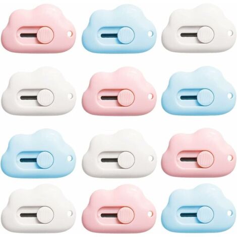 Cutter,Outils de découpe, Box Cutter Ouvre-lettre Couteau utilitaire rétractable portable Kn Couteau de papeterie ， Mini Cutter en forme de nuage avec trou pour porte-clés （Rose, Blanc, Bleu) (Forme d