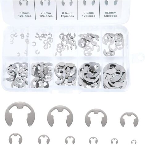 Anneau E-Clip en Acier Inoxydable, 120 Pcs Bague de Retenue Externe Snap Kit, M1,5-M10 Assortiment Circlip avec Boîte de Rangement, pour la Rainure de l'arbre de la Machine (1/5)