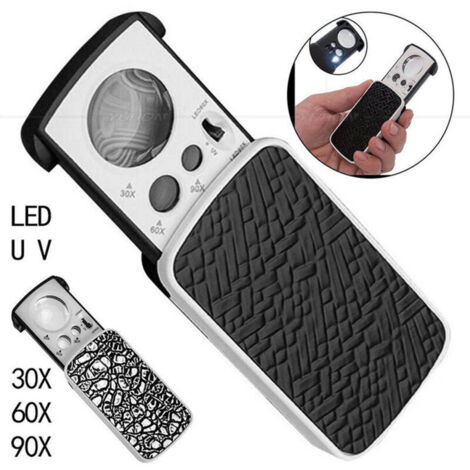 Loupe de Bijoutier Loupe Yeux Bijoutiers Illuminée 30X 60X 90X Boucle Loupe Bijoux avec Lumière Noire UV et Lumière LED Brillante pour Diamant Gemme Pièce Timbre Roche (Noir) (1/4)