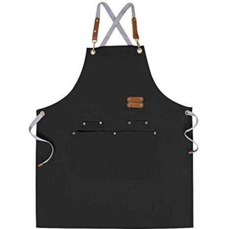 Tablier de Chef Tablier à Dos Croisé pour Hommes Femmes avec Bretelles Réglables et Grandes Poches, Toile, Noir (1/5)