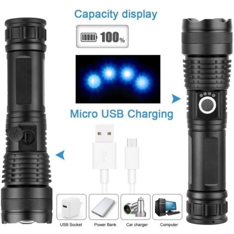 Lampe torche LED CREE XHP50 ultra puissante, 3 000 lumens, rechargeable par USB, 5 modes, étanche IP65, zoom militaire, pour le camping et la randonnée (piles non incluses) (1/5)
