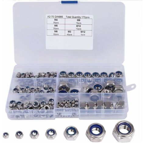 Bardusch-Ecrou Hexagonal, 170 Pièces Nylon Écrou De Blocage Assortiment Kit, Acier Inox Hexagonale Ecrous De Verrouillage, 304 Et Nylon Dimensions: M3, M4, M5, M6, M8, M10, M12 (1/5)
