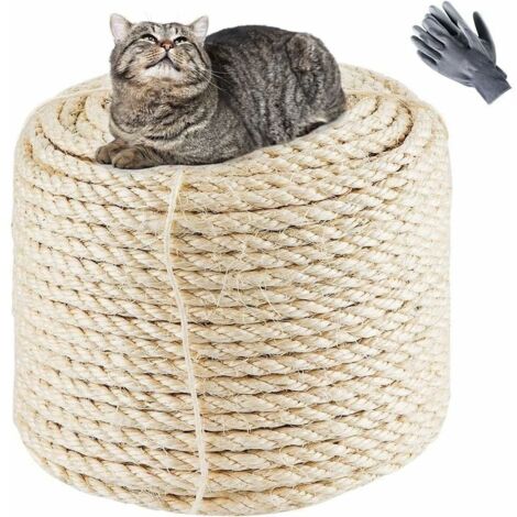 Bardusch-Corde en sisal naturel 8 mm x 60 m, vieille corde de rechange blanche naturelle pour chats avec une paire de gants de protection pour arbre à chat fleur d'arbre à chat (1/5)