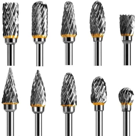 Bardusch-Jeu de Fraises Rotatives Acier Carbure de Tungstène Double Tranchant pour Outil rotatif, 10 pièces Tige 1/8” pour Outil Rotatif pour Bricolage, Sculpture sur bois, Gravure, Perçage (1/5)