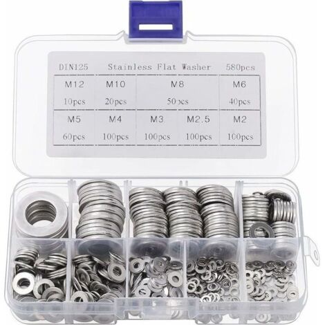 Bardusch-Rondelle Inox avec Boîte de Rangement (Lot de 580) Assortiment de 9 Tailles M2, M2.5, M3, M4, M5, M6, M8, M10 & M12 Lot de Rondelles Métal Réparations, Usines & Décoration Intérieure (1/5)