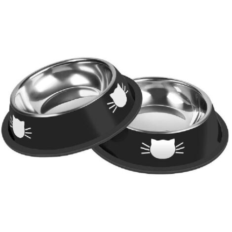 Bardusch-Lot de 2 gamelles antidérapantes en acier inoxydable pour chats d'intérieur et petits animaux - Base en caoutchouc amovible - Faciles à nettoyer - Noir (1/5)
