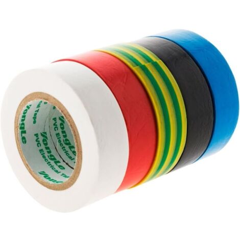 Bardusch-5 Rubans Adhésifs Électriques PVC de Marque Yongle en Couleurs : Blanc, Rouge, Noir, Bleu, Vert-Jaune Conçu pour l’Isolation, la Protection et la Réparation Électrique,16mm x 10m (1/2)