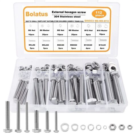 Bardusch-Lot de 112 vis à tête hexagonale M6 M8 M10 DIN 933 en acier inoxydable avec écrous, vis filetées et rondelles dans une boîte de rangement (1/5)