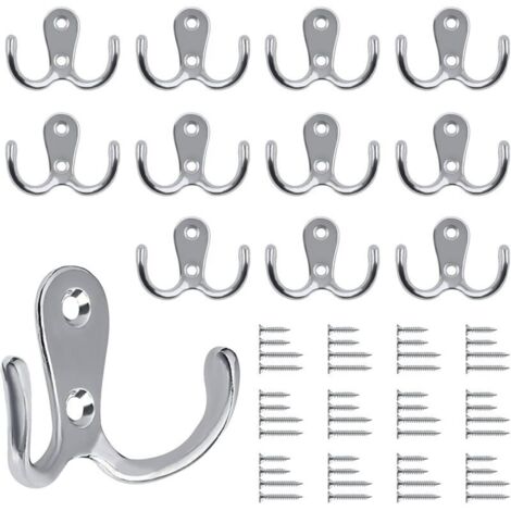 Bardusch-Lot de 12 crochets muraux doubles - En métal argenté - Style vintage - Avec 48 vis - Pour porte-manteau, salle de bain, cuisine - Argenté (1/5)